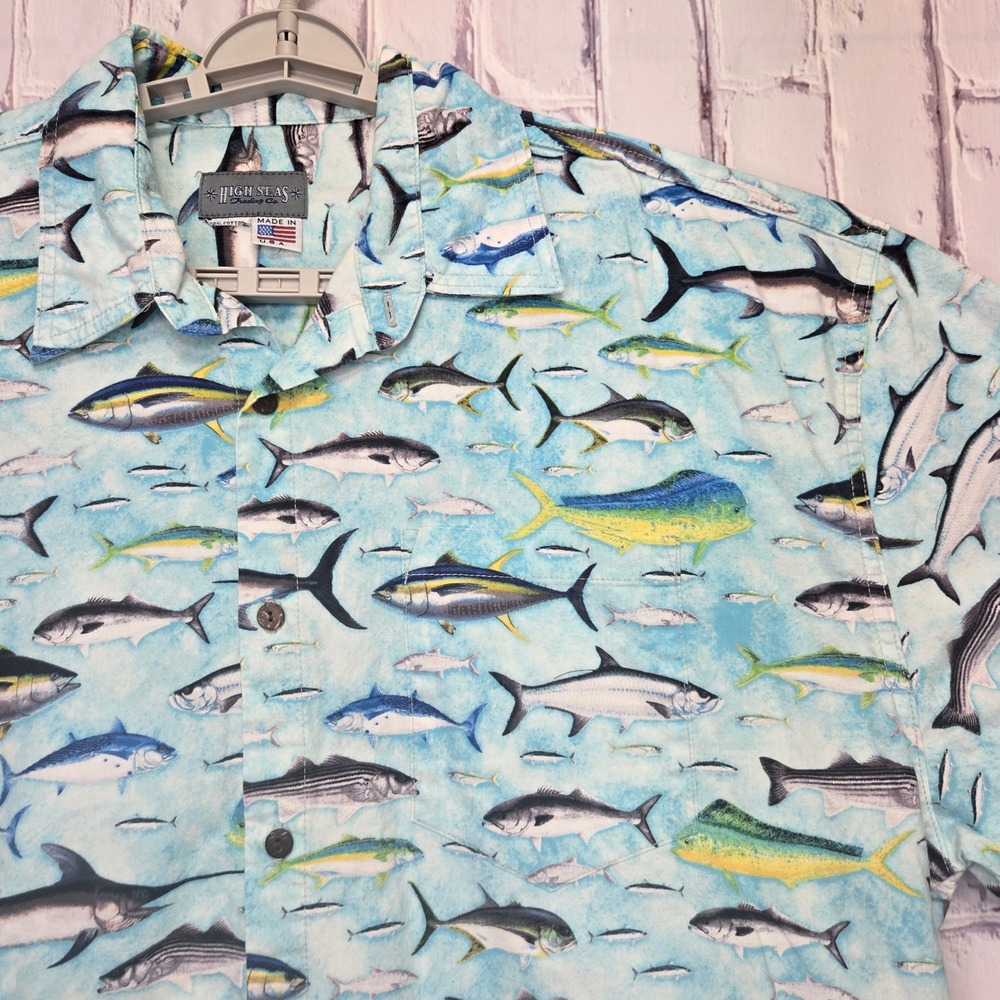 High‎ Seas Trading Co Mens Fish Print Button Up Hawaiian Shirt Short Sleeve XXXL